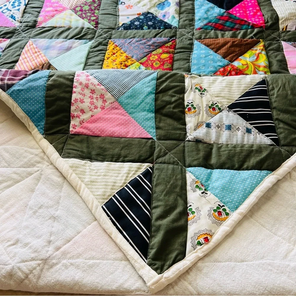 Vintage Handmade Patchwork Quilt 65” x 80” – Multicolor Triangle Blocks Full.